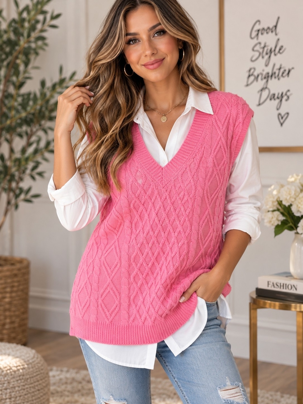 A191. SHEIN Cable Knit Sweater Vest Pink Large Like New